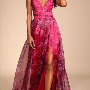 Lulu's Romance That Wows Magenta Floral Print Organza Maxi Dress